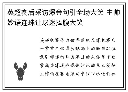 英超赛后采访爆金句引全场大笑 主帅妙语连珠让球迷捧腹大笑 英超赛后采访爆金句引全场大笑 主帅妙语连珠让球迷捧腹大笑