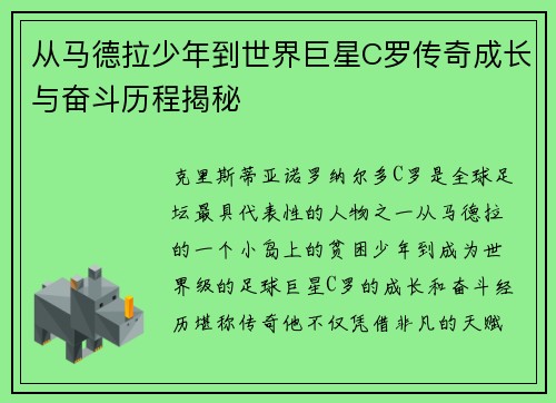 从马德拉少年到世界巨星C罗传奇成长与奋斗历程揭秘 从马德拉少年到世界巨星C罗传奇成长与奋斗历程揭秘
